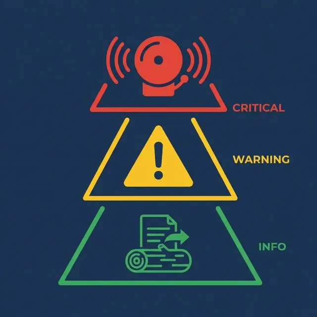 Alert severity levels: critical triggers pages, warning goes to channel, info logged
